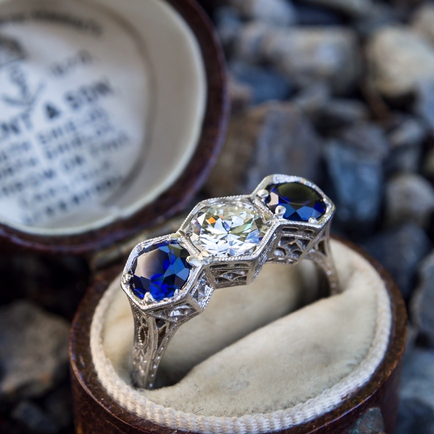Antique Filigree Three Stone Ring Diamond & Sapphires in Platinum