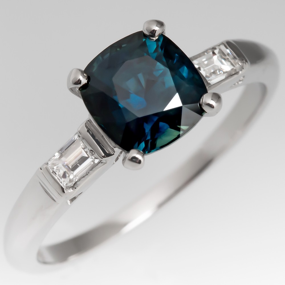 Vivid Teal Blue Green Cushion Cut Sapphire Ring Platinum