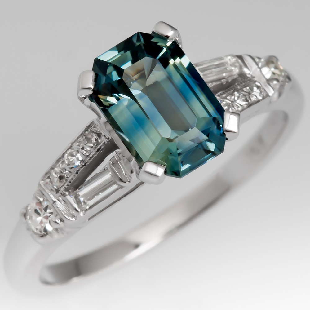 Shimmery Light Blue Green Sapphire Engagement Ring 1950's Mounting