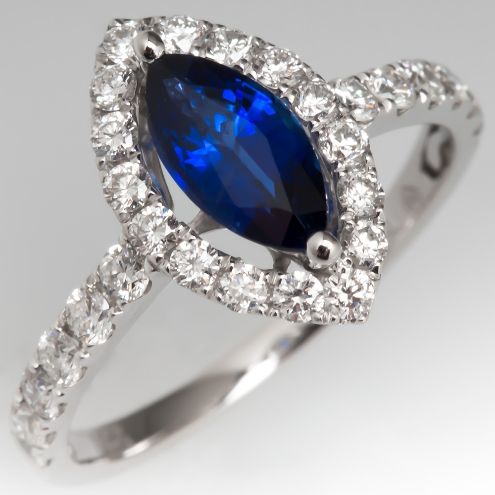Marquise Sapphire & Diamond Halo Engagement Ring 18K