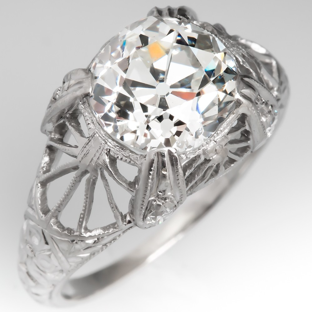 2.5 Carat Old Mine Cut Diamond Antique Engagement Ring Platinum
