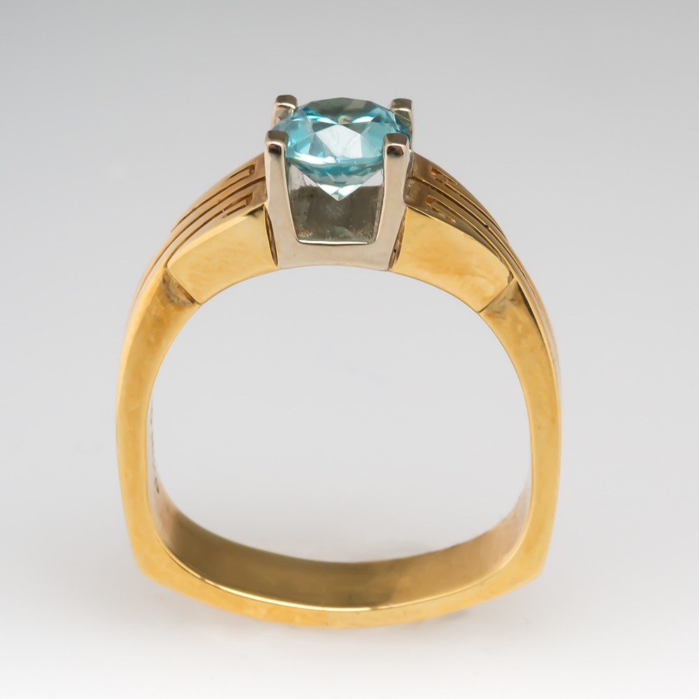 Natural Blue Zircon Gemstone Ring 18K Gold Euro Shank