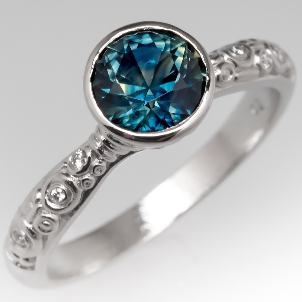 Alex Sepkus No Heat Blue Green Sapphire Bezel Engagement Ring Platinum