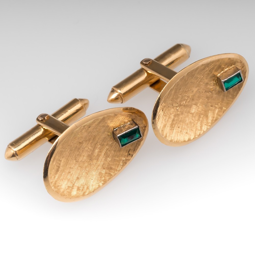 Vintage Emerald Cufflinks 18K Yellow Gold Textured Finish