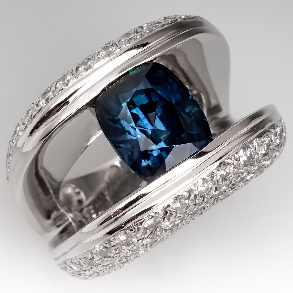 Bold & Massive Blue Green Sapphire & Diamond Ring Platinum