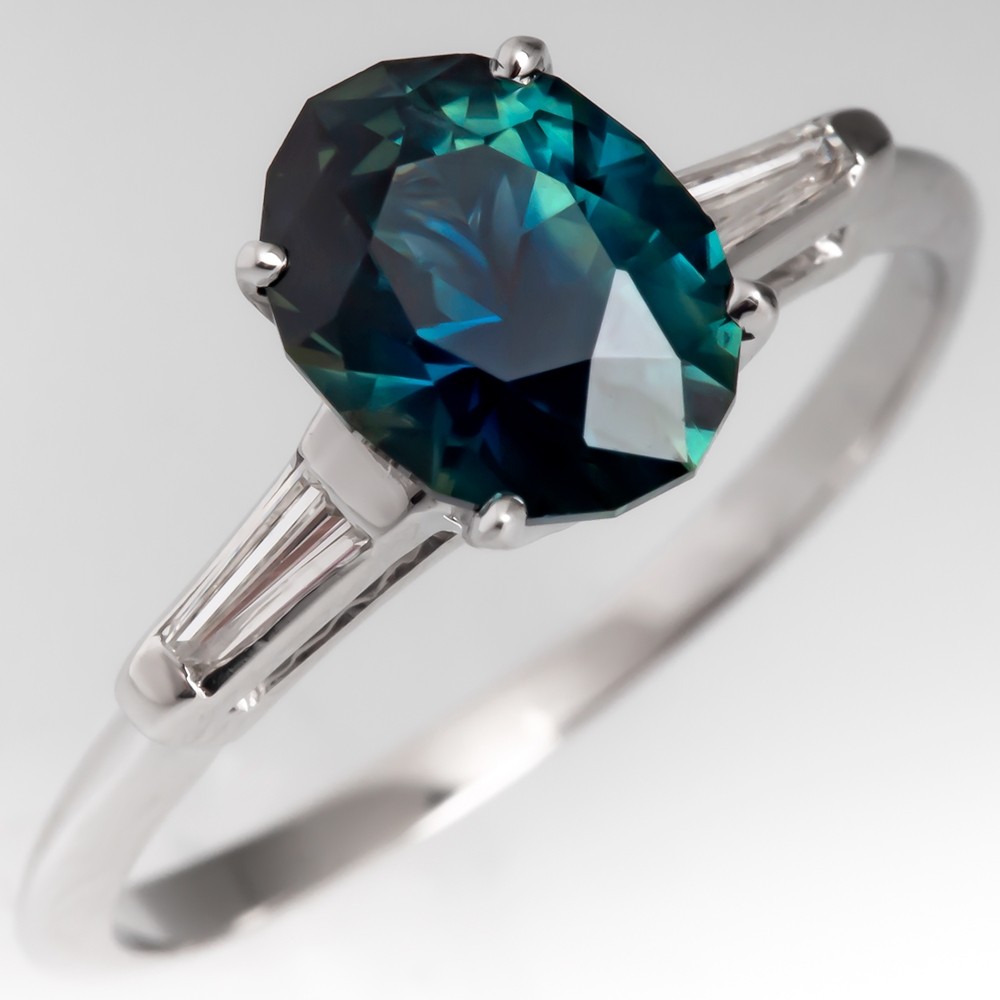 Dark Blue Green No Heat Sapphire Engagement Ring Tapered Baguettes