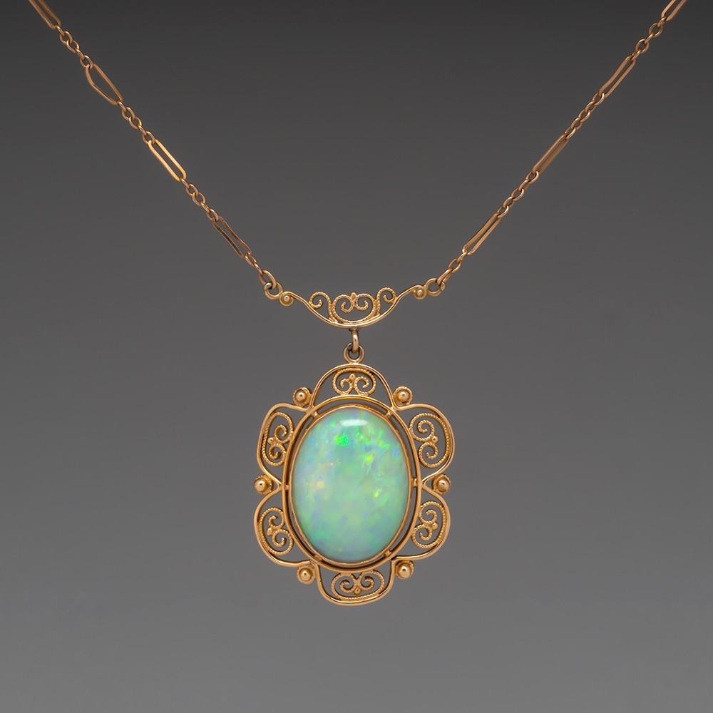 Gold Filigree Locket Necklace Green Stone