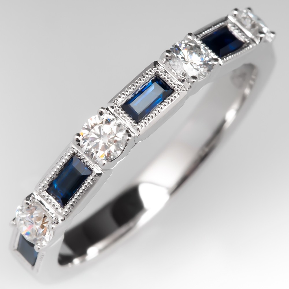 Baguette Cut Blue Sapphire & Diamond Wedding Band Ring 18K White Gold