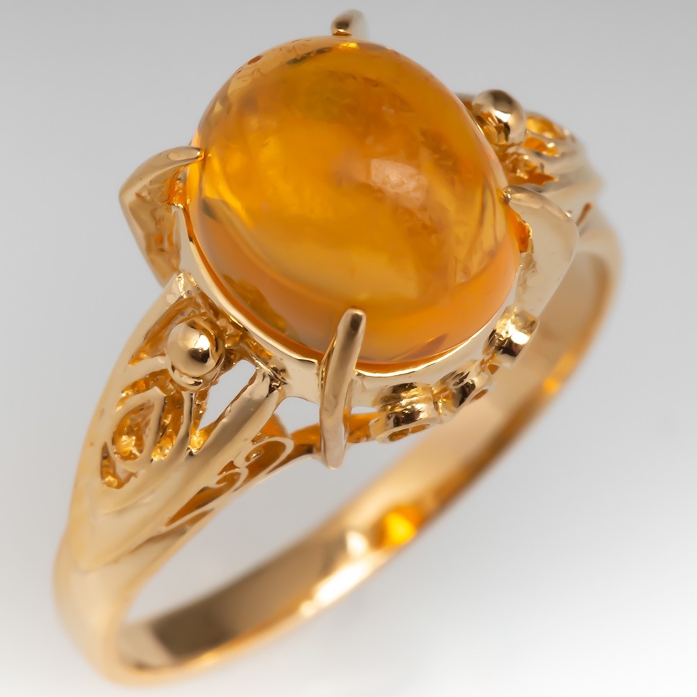 Natural Fire Opal Cabochon Gemstone Ring 18K Yellow Gold