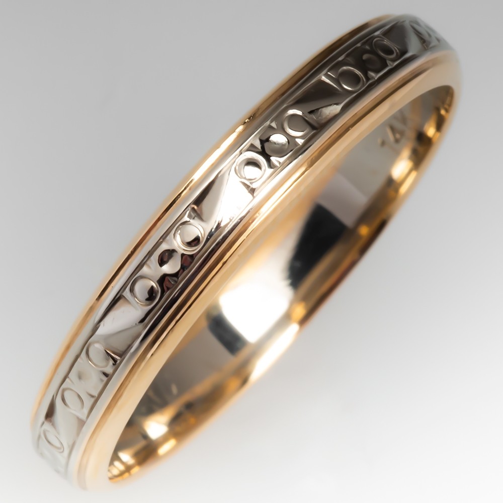4mm Wide Mens 2 Tone 14K Gold Patterned Wedding Band Size