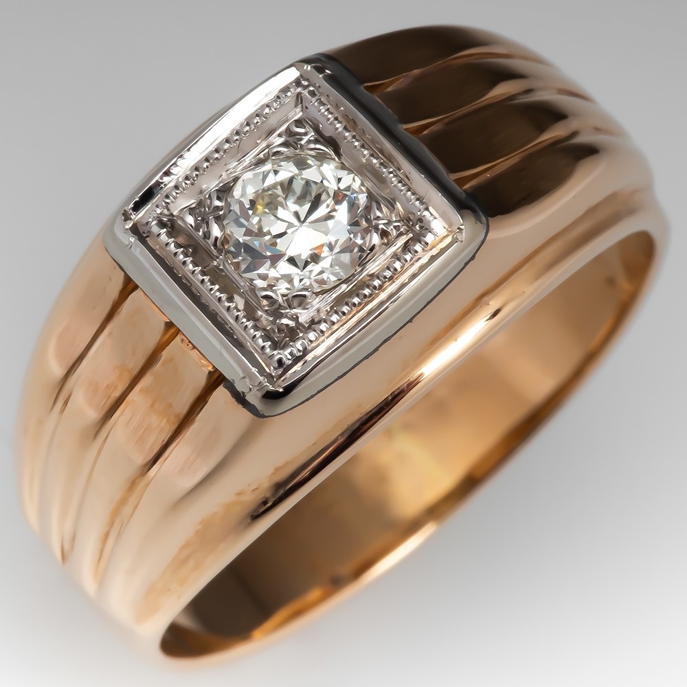 Mens Vintage Old Euro Diamond Ring Detailed 14K Gold