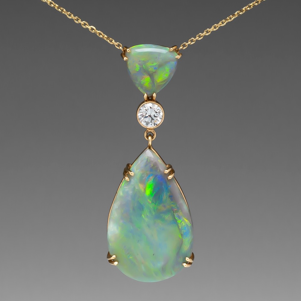 Beautiful Large Black Opal & Diamond Necklace 14K Gold