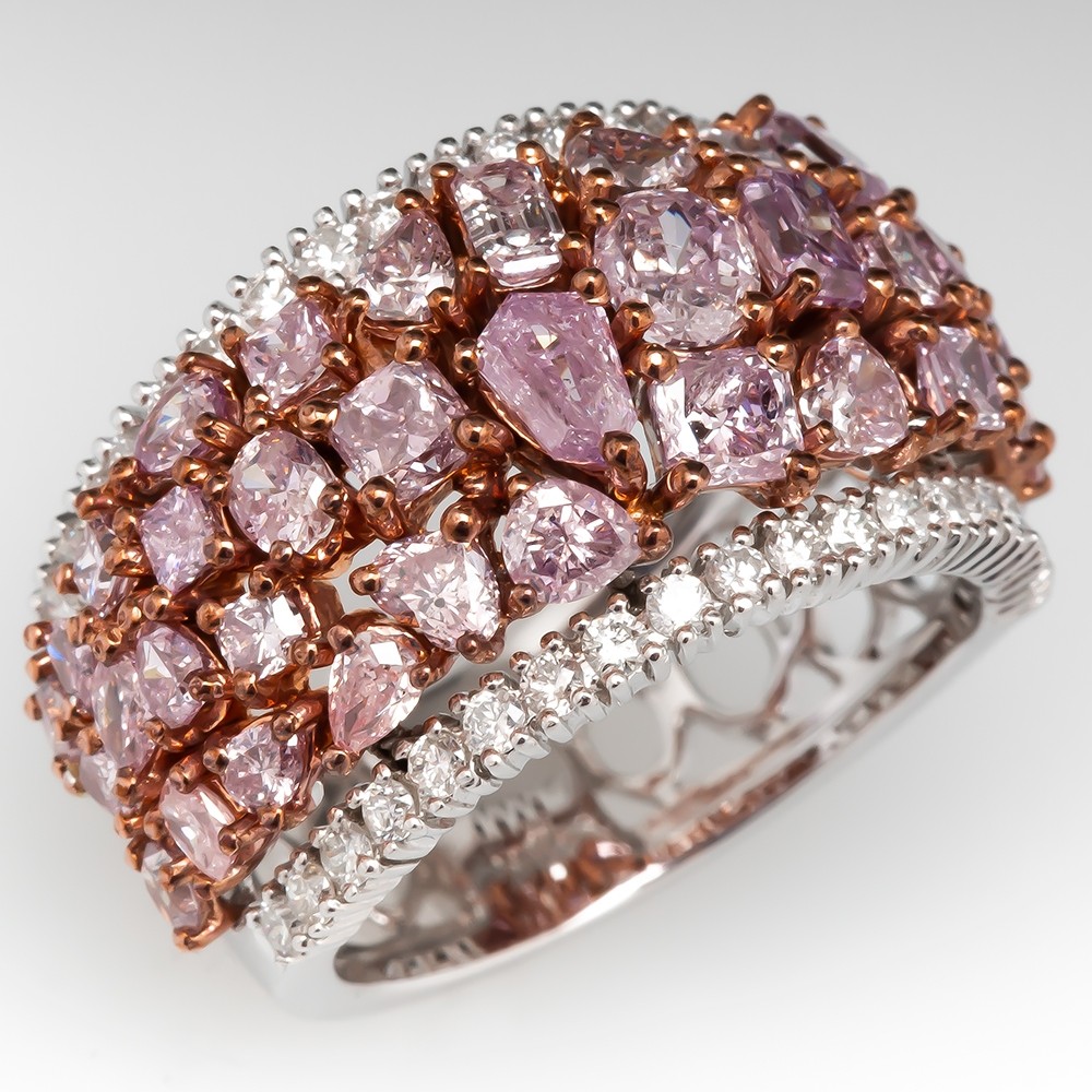 Stunning Wide Band Pink Diamond Cluster Ring 18K Gold