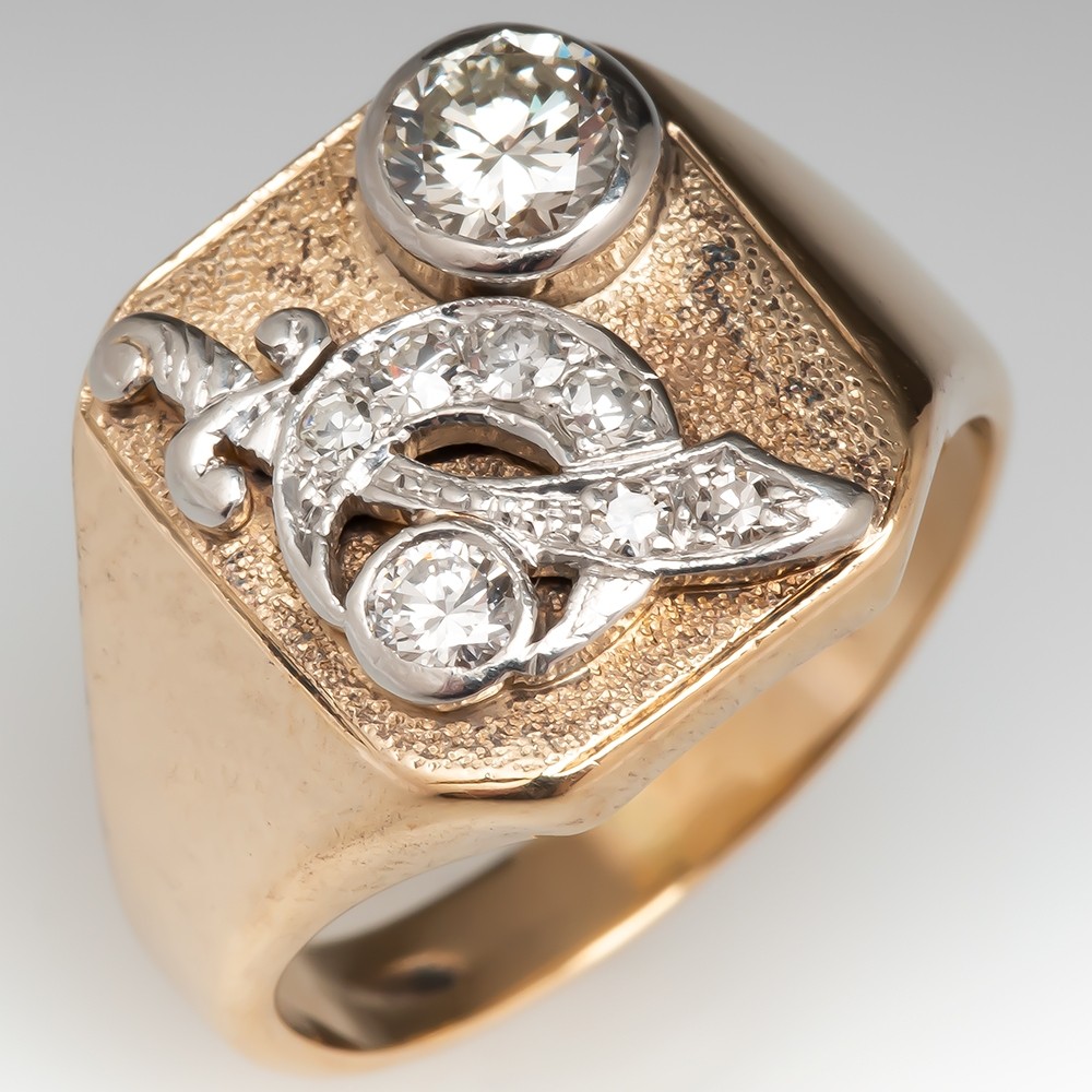 Antique Masonic Ring w/ Diamonds 14K Gold