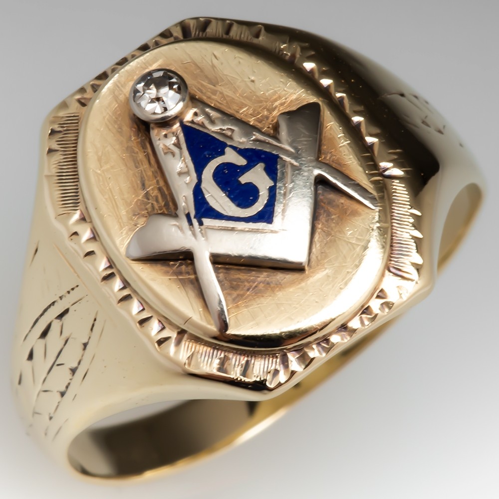Antique Masonic Mens Diamond & Enamel Ring 10K Gold