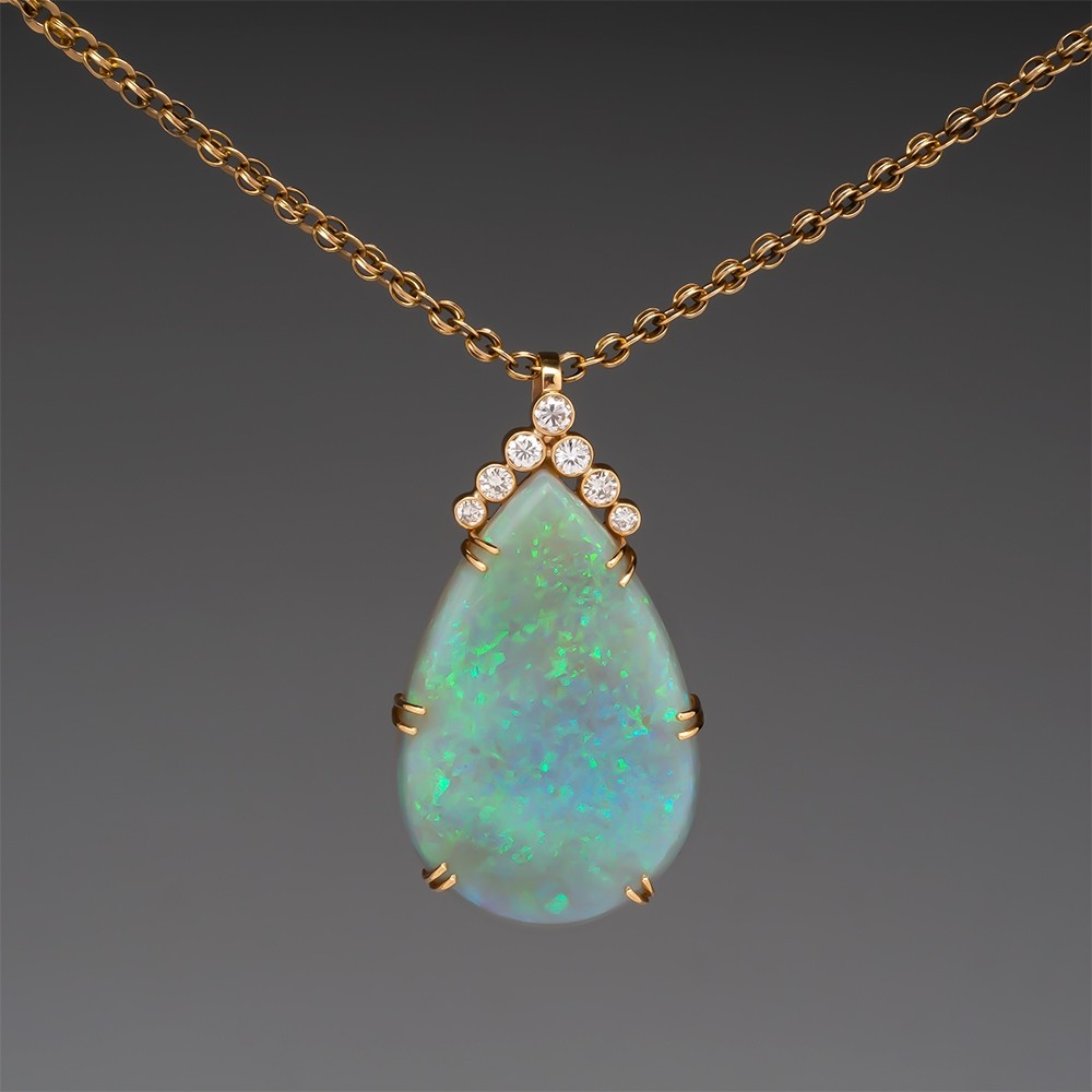 Massive Opal & Diamond Pendant Necklace 14K Gold