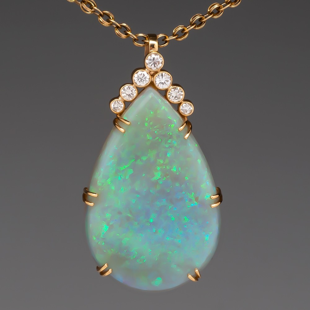 Details about   14k Solid White gold  Natural Diamond and Oval shape Opal pendant 1.16 ct 