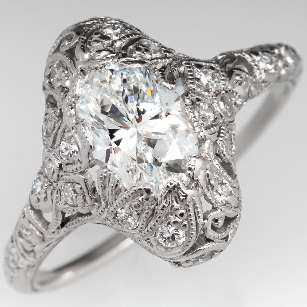 Tegen de wil Verwaand geboorte 1930's Antique Filigree Engagement Ring w/ Oval Brilliant Diamond 1.0ct  E/VS2 GIA