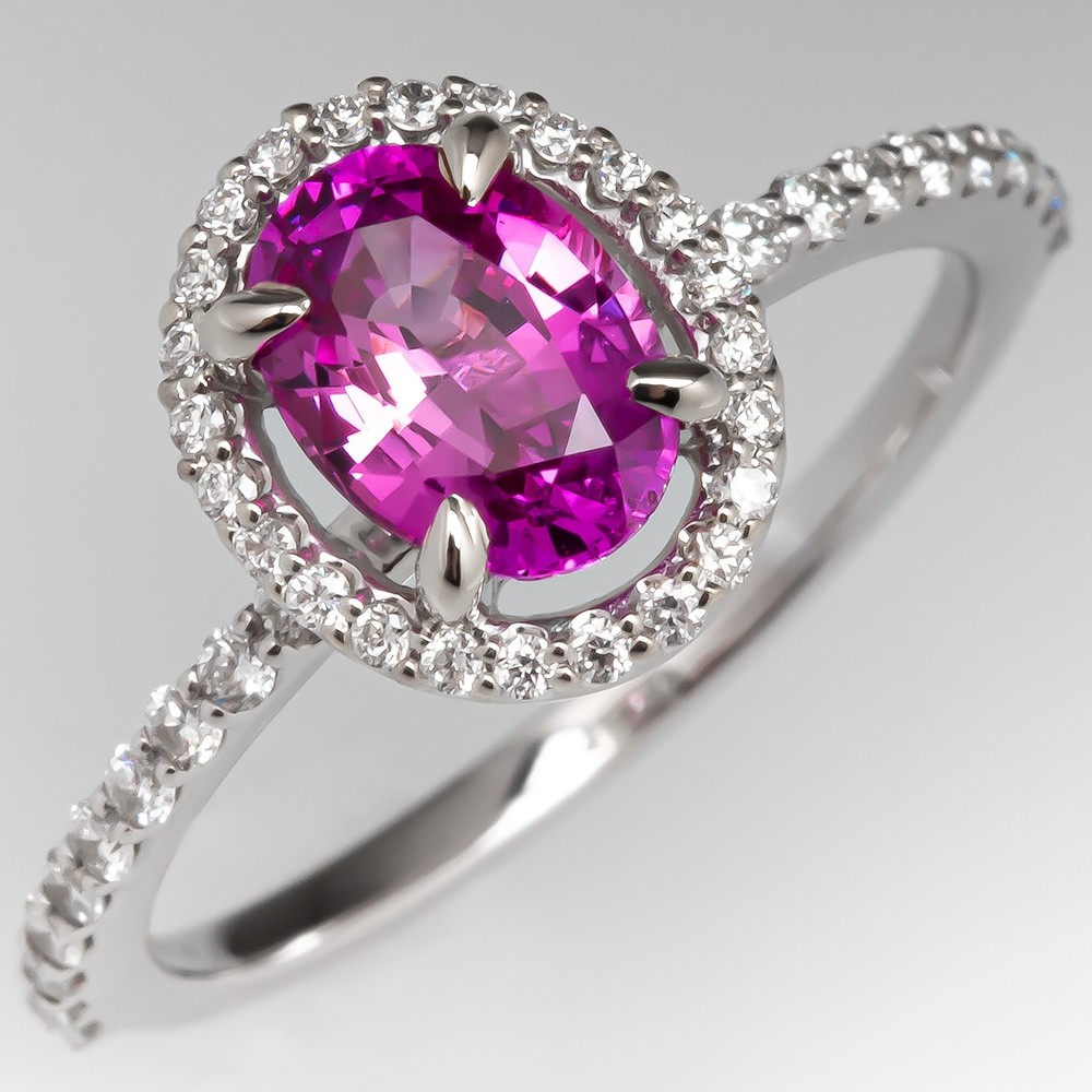 1.37 Carat Pink Sapphire Engagement Ring w/ Diamond Halo 14K