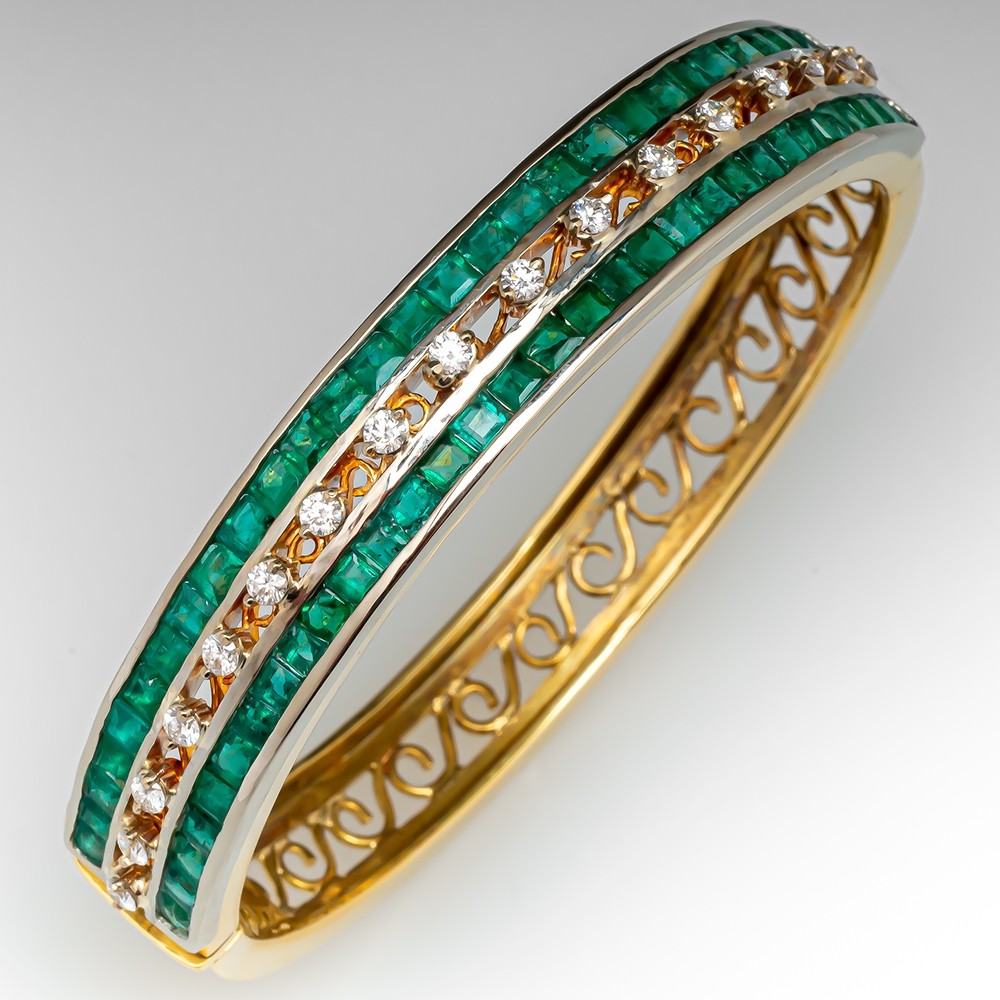 Details about   Estate Antique Emerald & Diamond Bangle 7.5" Retro Bracelet 18K Yellow Gold Over 