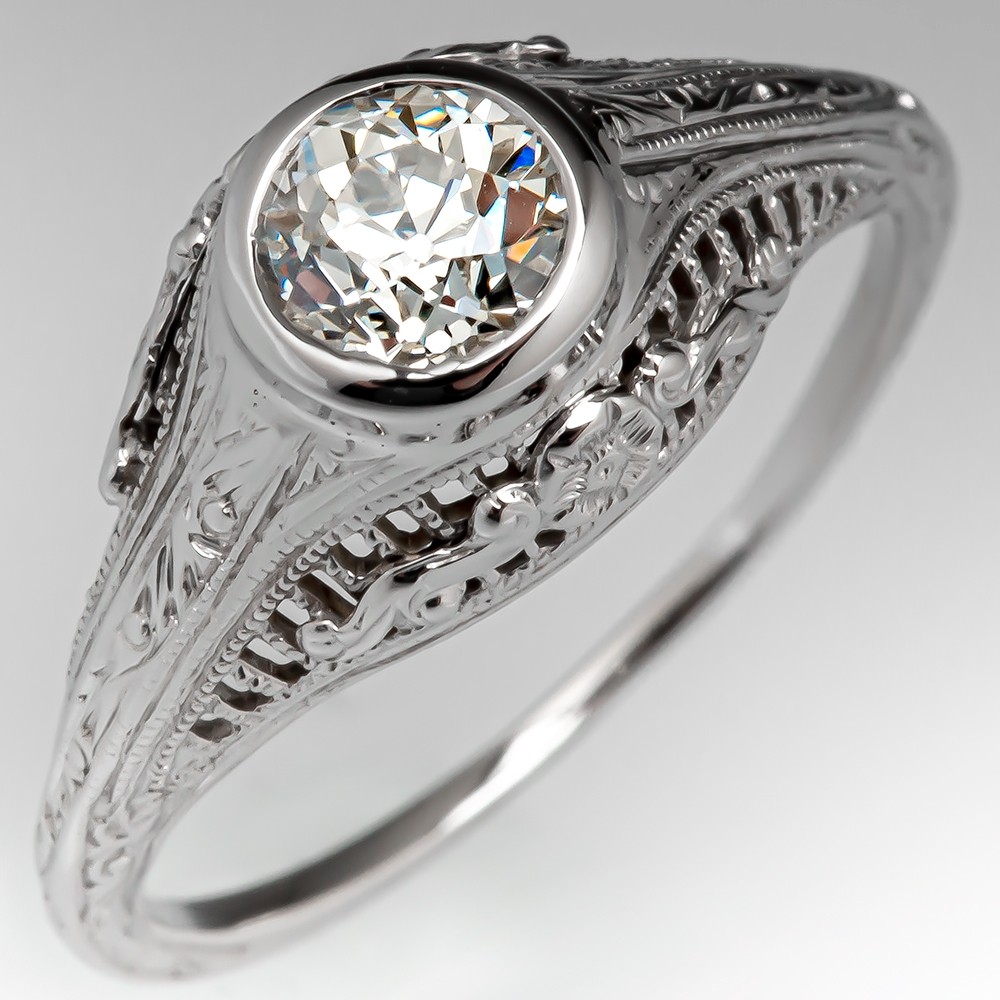 1930's Antique Filigree Diamond Engagement Ring 18k White Gold .68ct L ...