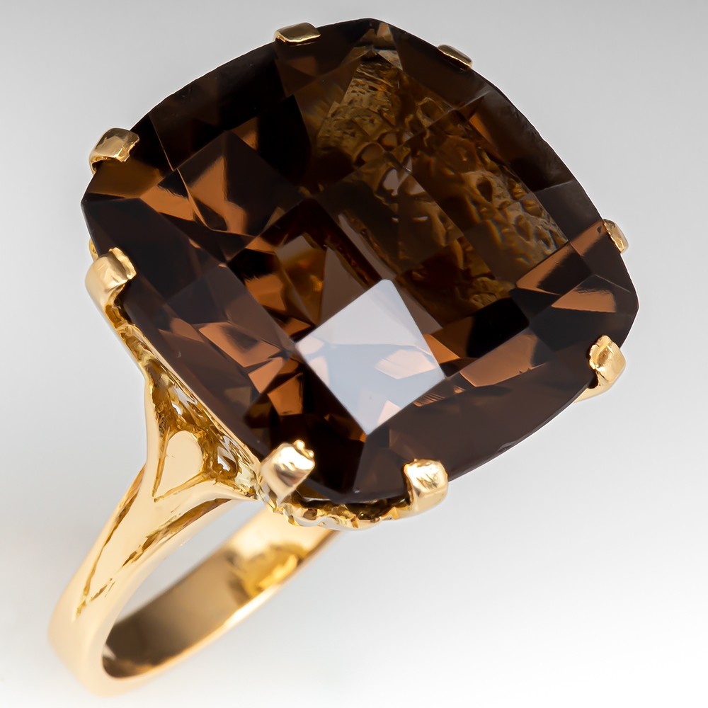 Gem Stone King 1.83 Ct Round Checkerboard Brown Smoky Quartz 18K Rose Gold Plated Silver Mens Ring