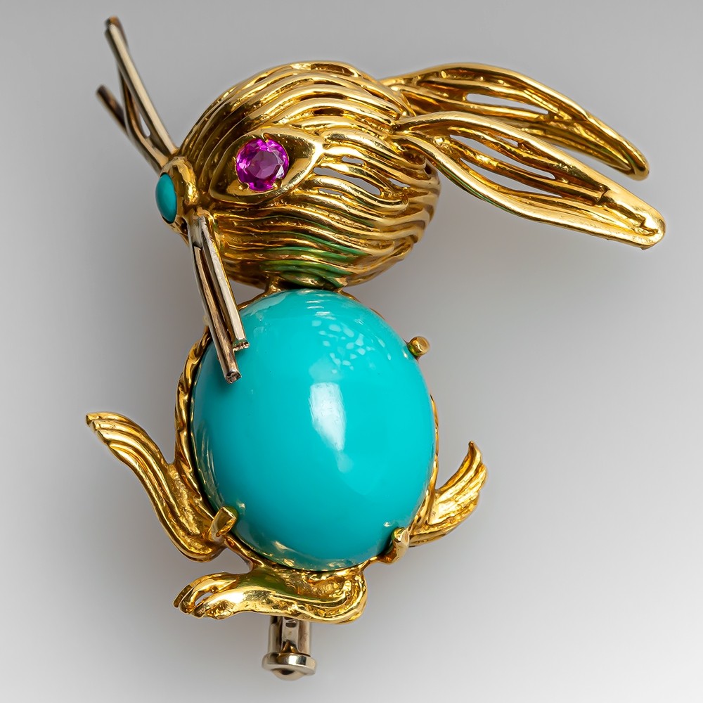 Vintage Cartier Rabbit Pin Turquoise & Ruby 18K Yellow Gold
