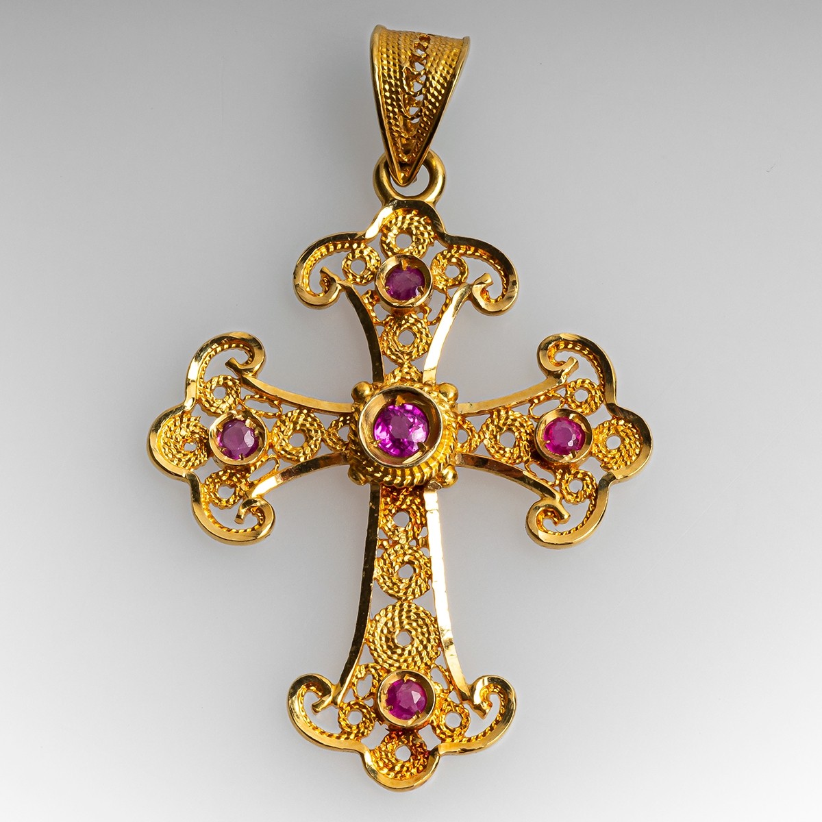 3 Ct Round Cut Pink Sapphire Royal Holy Cross Charm Pendant 14k Yellow Gold Over