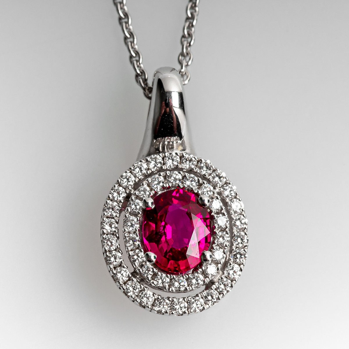 Ruby Pendant Necklace w/ Diamond Halos 