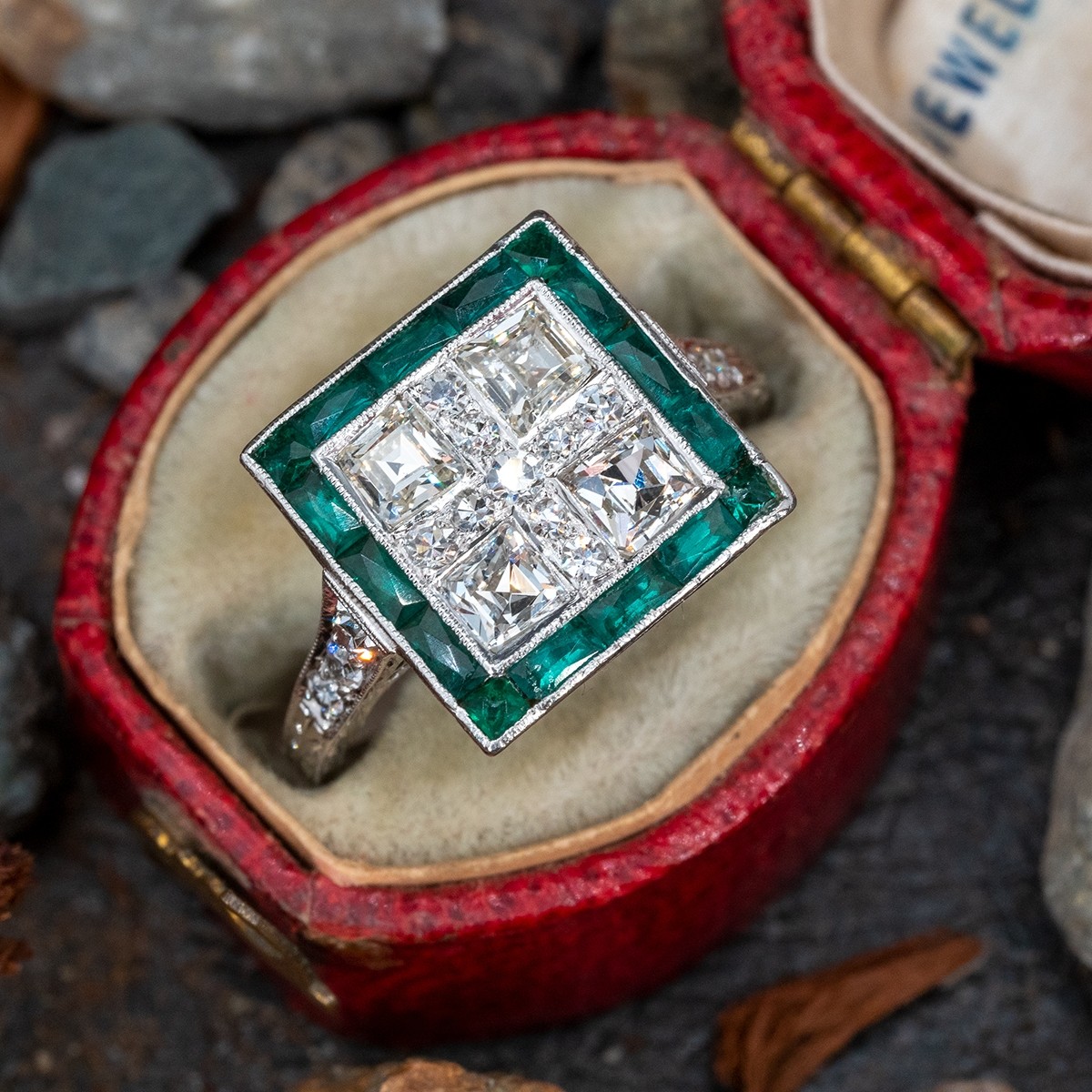EraGem Art Deco Diamond Ring w/ Green Accents in Platinum 1920s