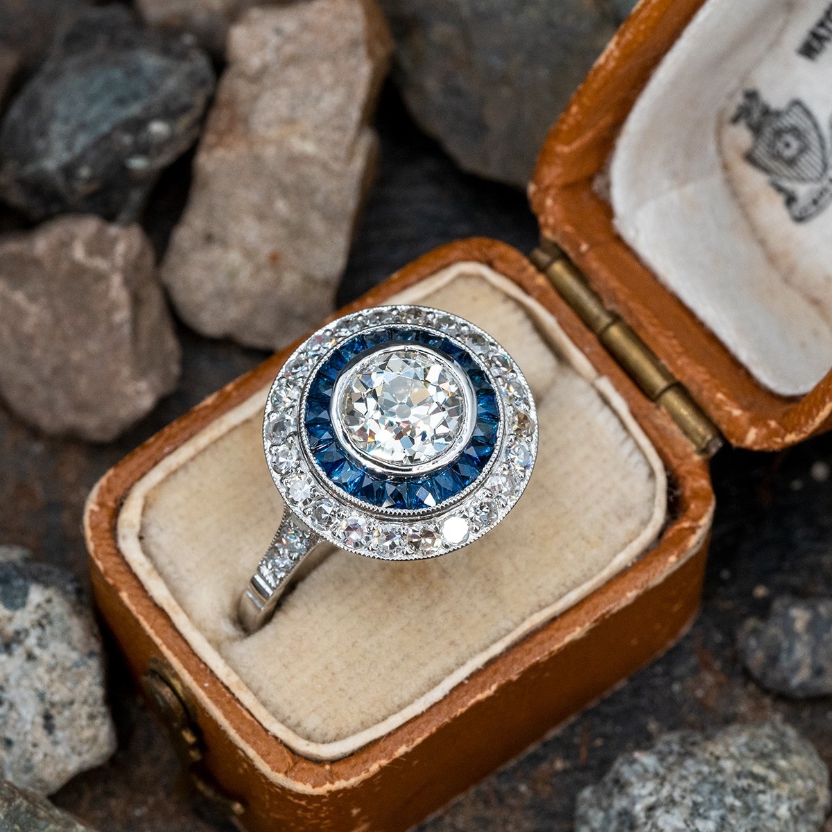 2ct Halo Round Cut Diamond & Sapphire Antique Art Deco Engagement Ring 925Silver 