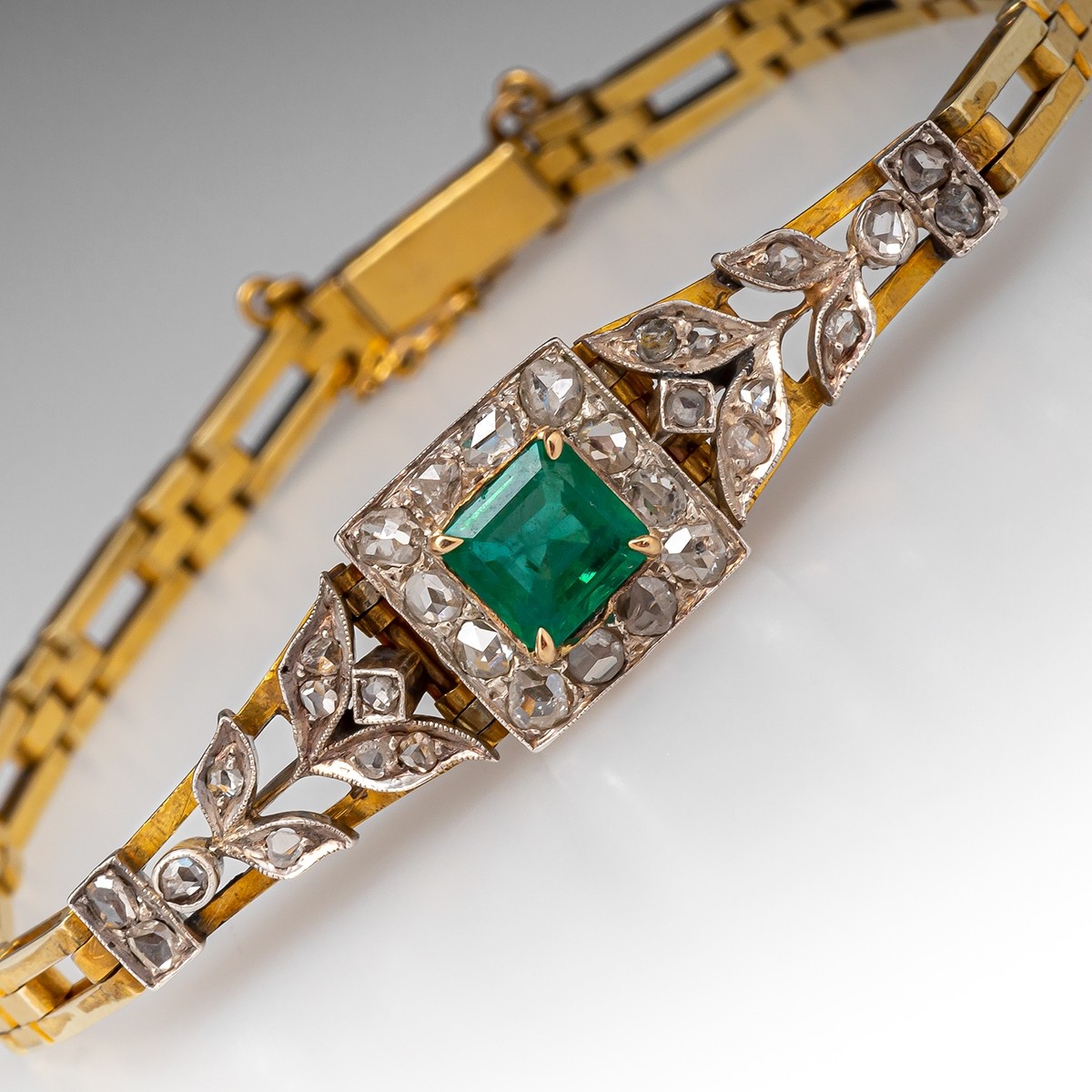 emerald bracelet Victorian Emerald Bracelet W/Diamond Accents 14K Yellow Gold & Sterling  Silver