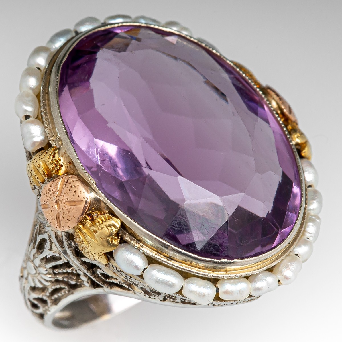 GENUINE AMETHYST PEARL TOPAZ VICTORIAN STYLE 925 SILVER RING SIZE 9 #1044