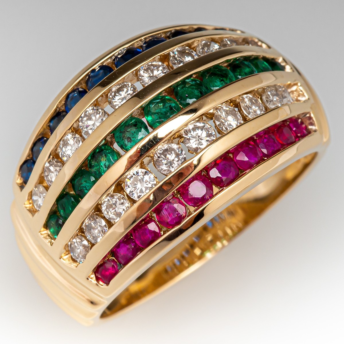 Ruby, Emerald, Sapphire & Diamond Wide Band Ring 14K Yellow 