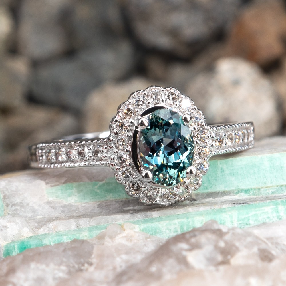 Oval No Heat Blue Green Sapphire & Diamond Halo Engagement Ring 18K
