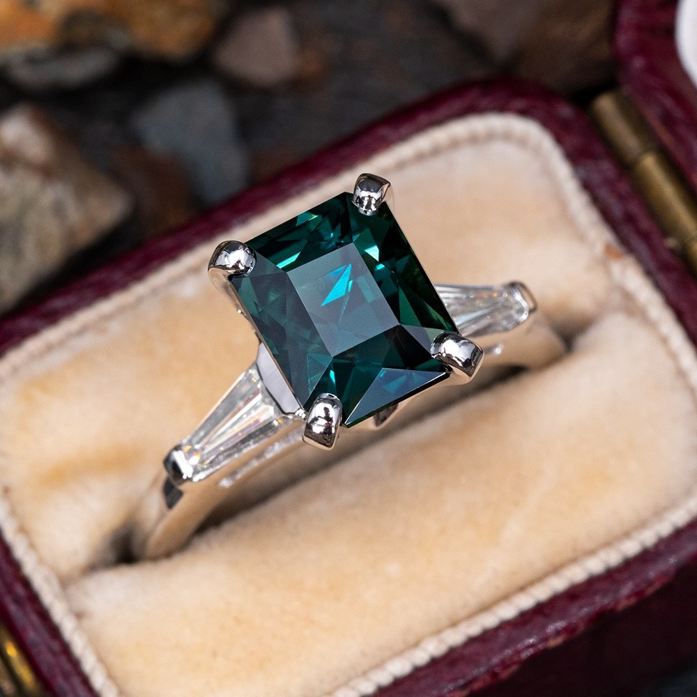 3.15 Carat Dark Teal Sapphire Engagement Ring w/ Baguette Accents
