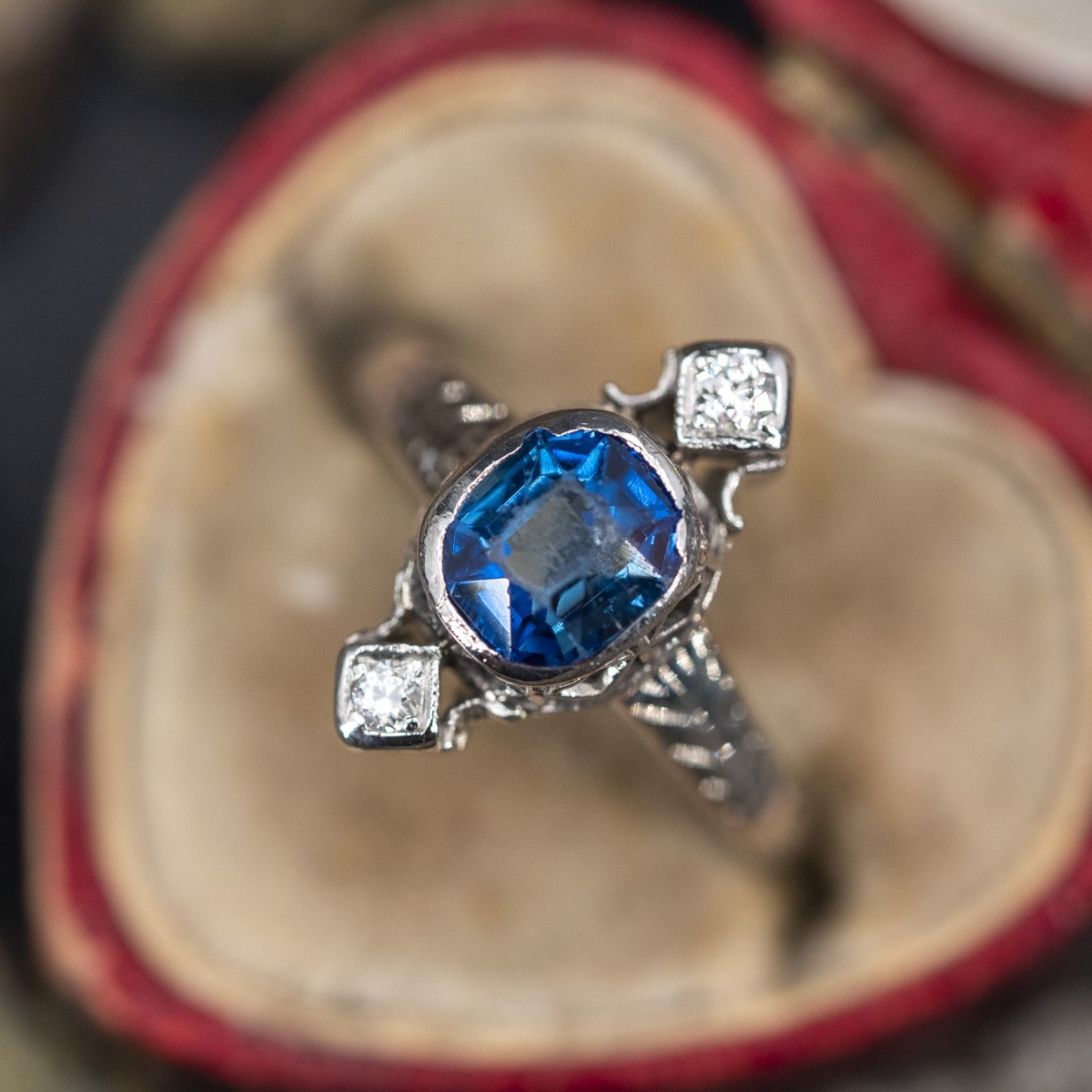 CREATED BLUE SAPPHIRE w/ CZ Accents10k White Gold Ladies Ring Handmade • R254-WG 