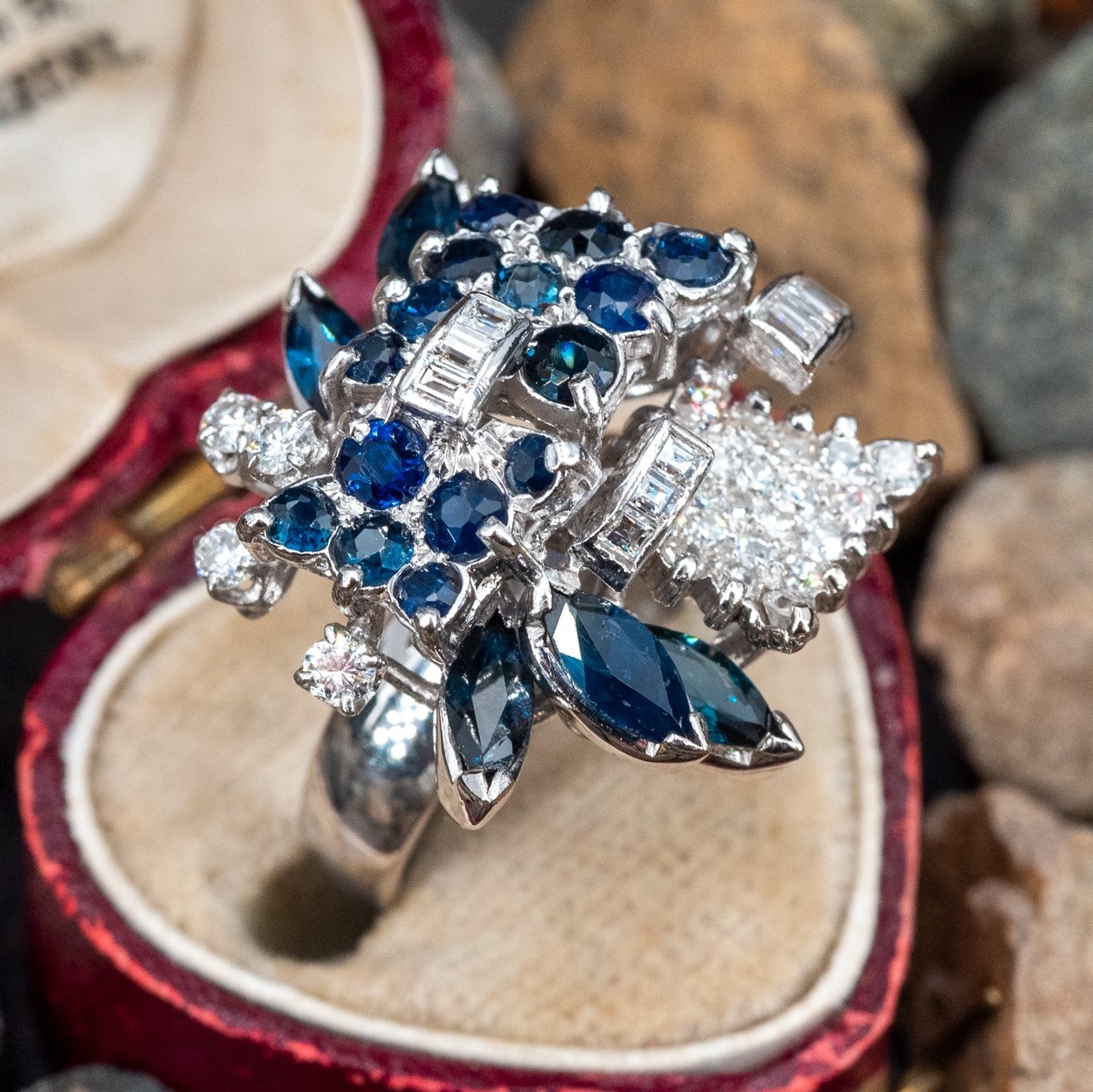 Vintage Blue Sapphire & Diamond Cluster Cocktail Ring 18K White 