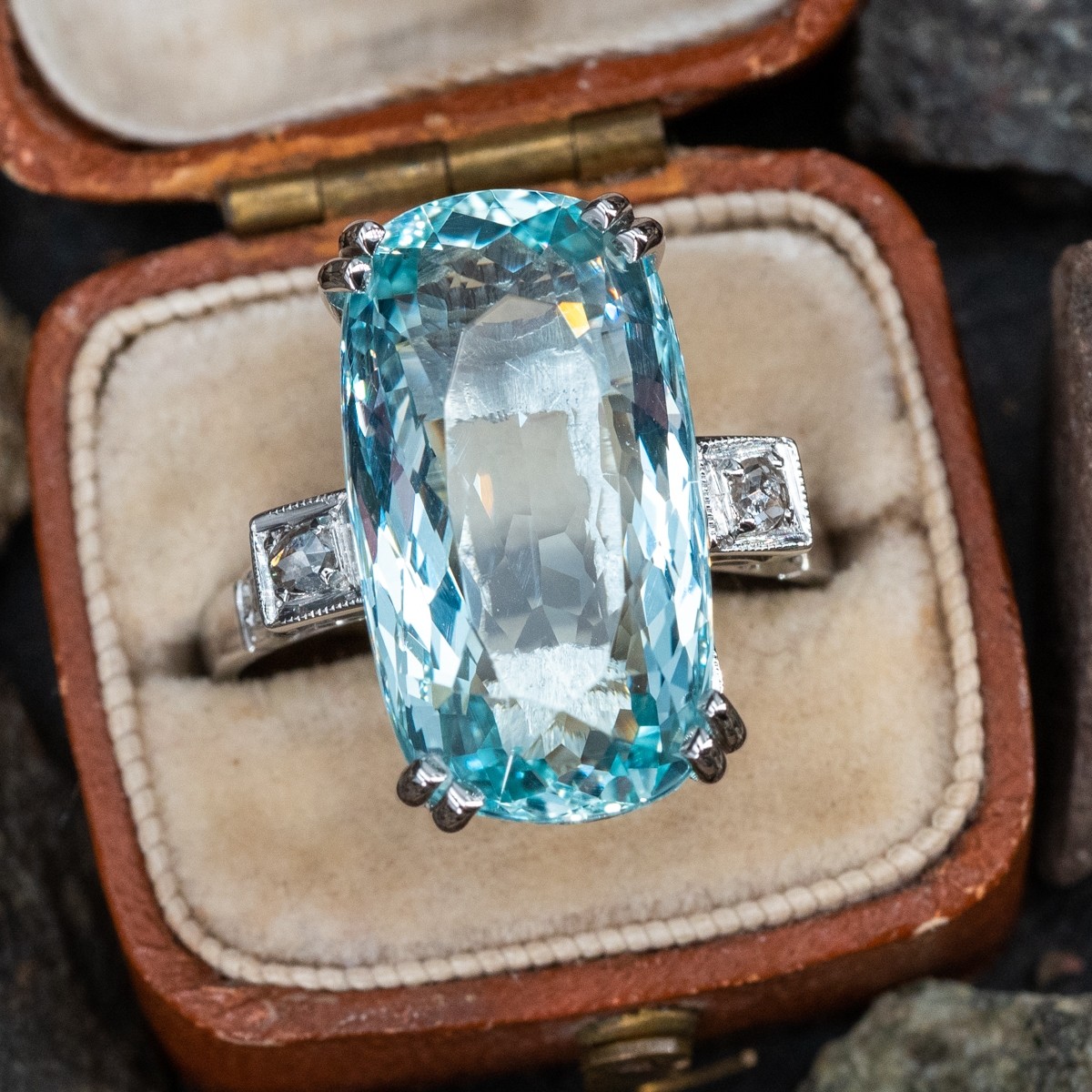 Vintage Aquamarine Cocktail Ring w/ Diamond Accents 18K White 