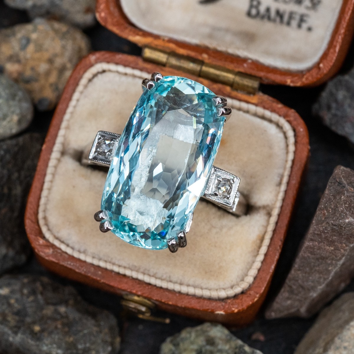 Vintage Aquamarine Cocktail Ring w/ Diamond Accents 18K White Gold