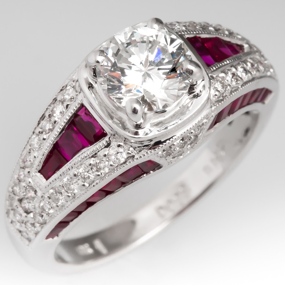 1 Carat Diamond & Ruby Engagement Ring 18K White Gold