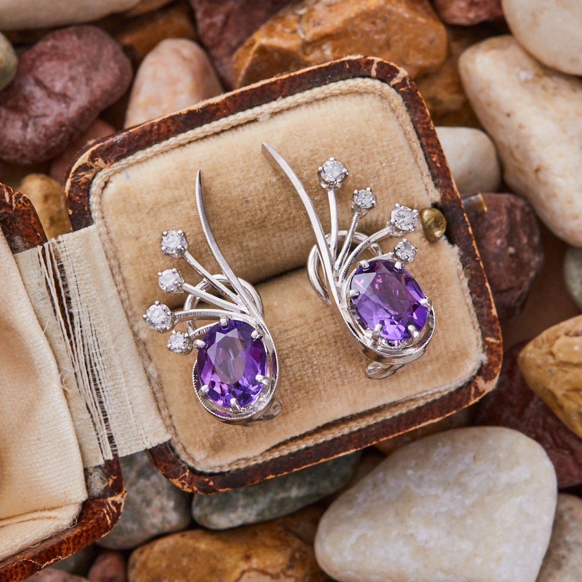 Details about   14K White Gold Oval Amethyst and Diamond Earrings 