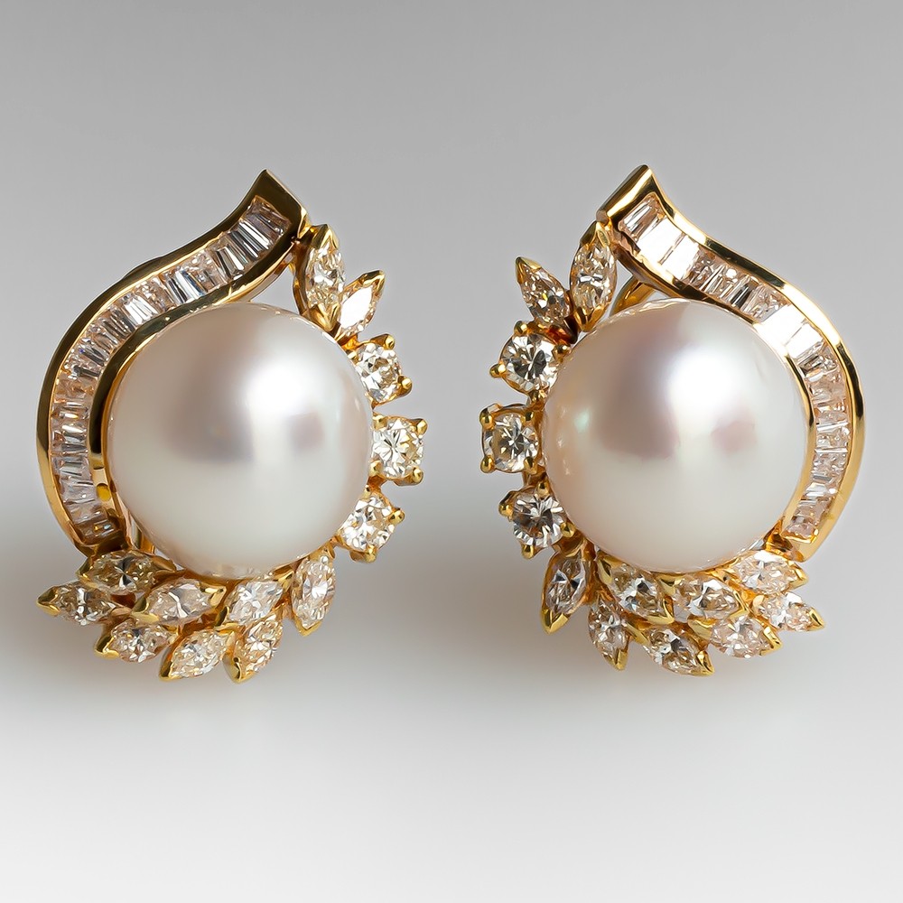 Fine Estate Jewelry Pearl Earrings w/ Diamond Spray 18K Gold