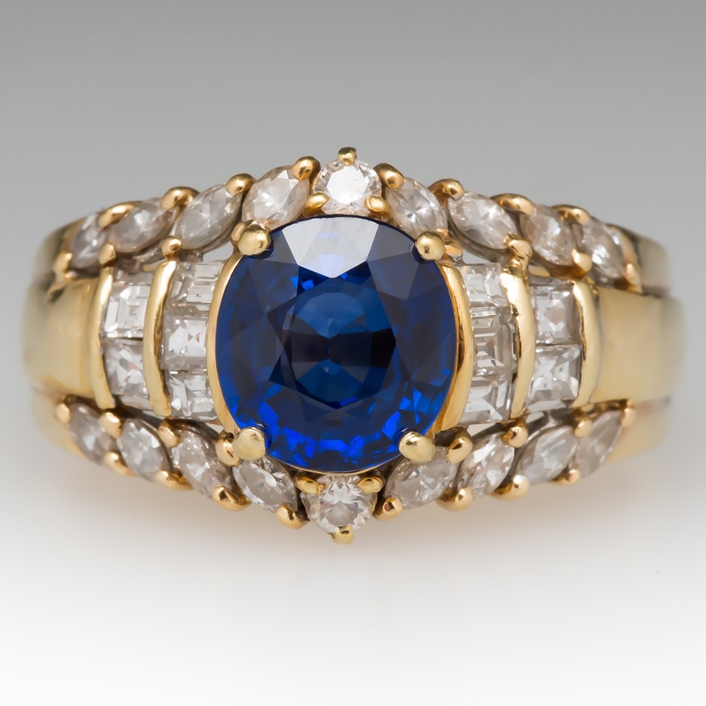 Vintage 2 Carat Rich Blue Sapphire & Diamond Ring 18K