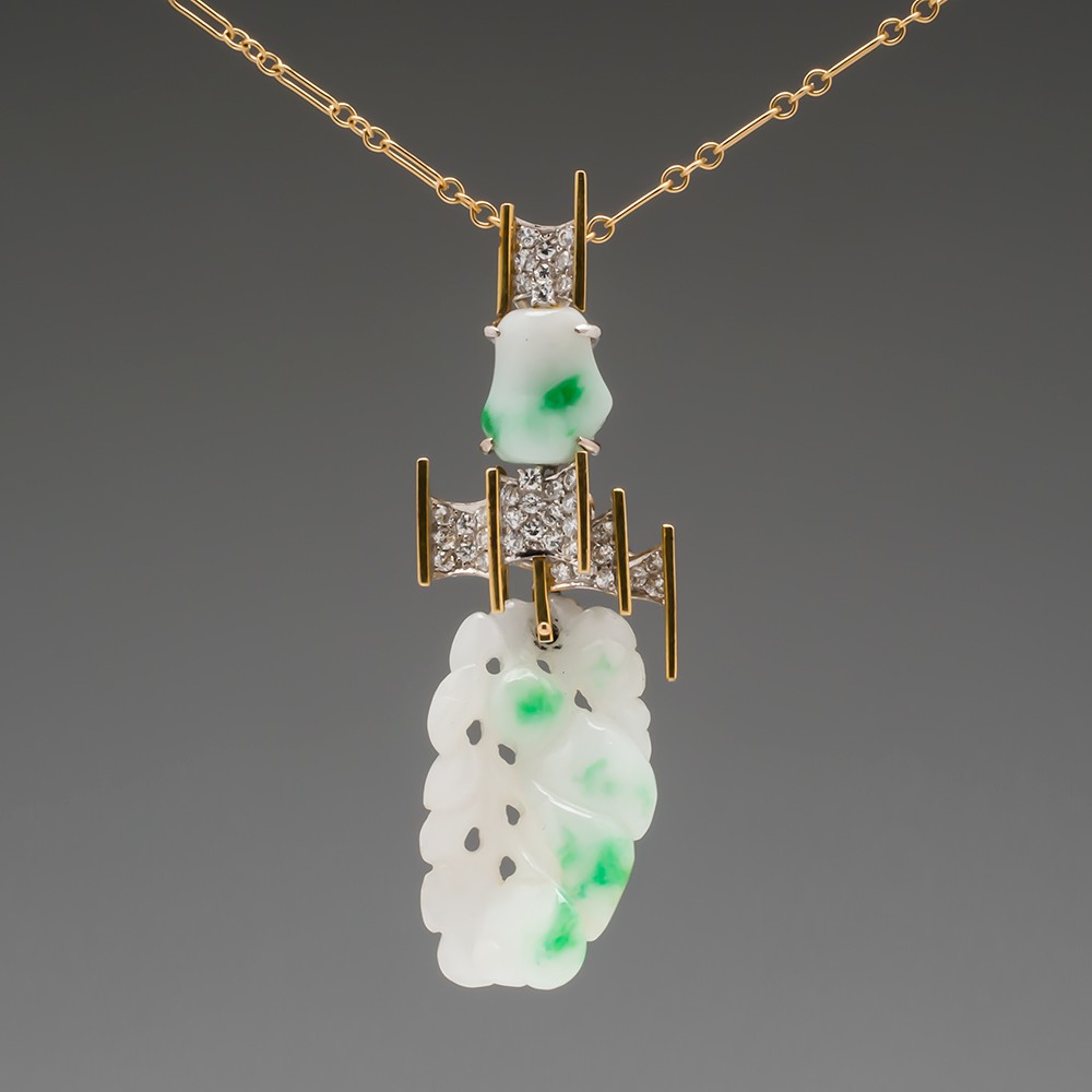Moss-In-Snow Jade & Diamond 18K Two Tone Gold Pendant Necklace