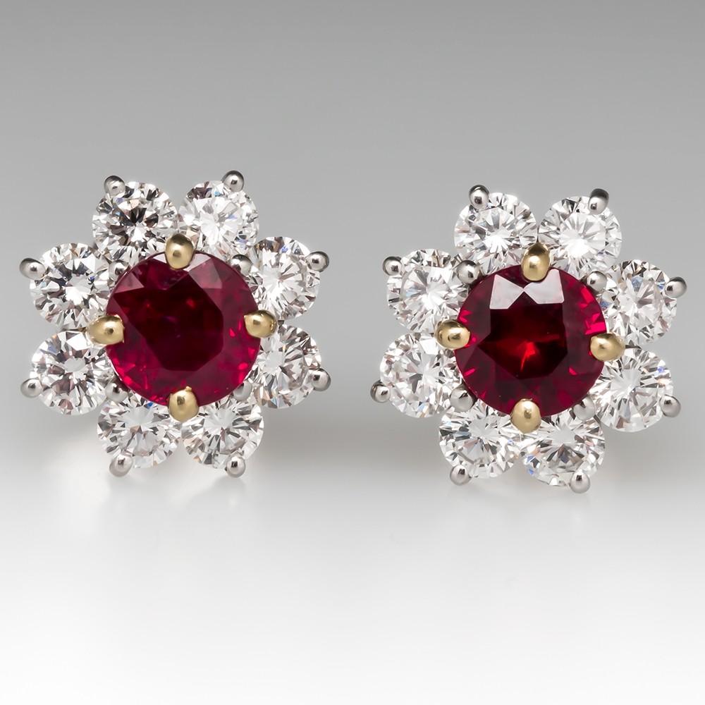 Magnificent Ruby & Diamond Halo Earrings Platinum