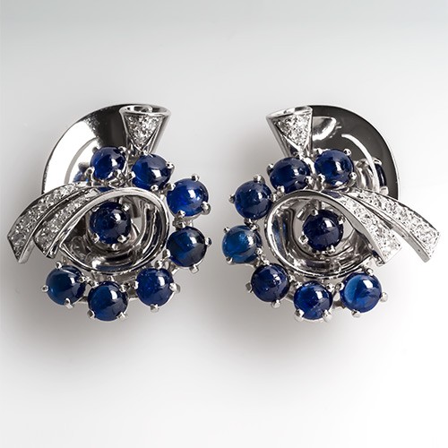 Retro Blue Sapphire & Diamond Earrings 18K White Gold