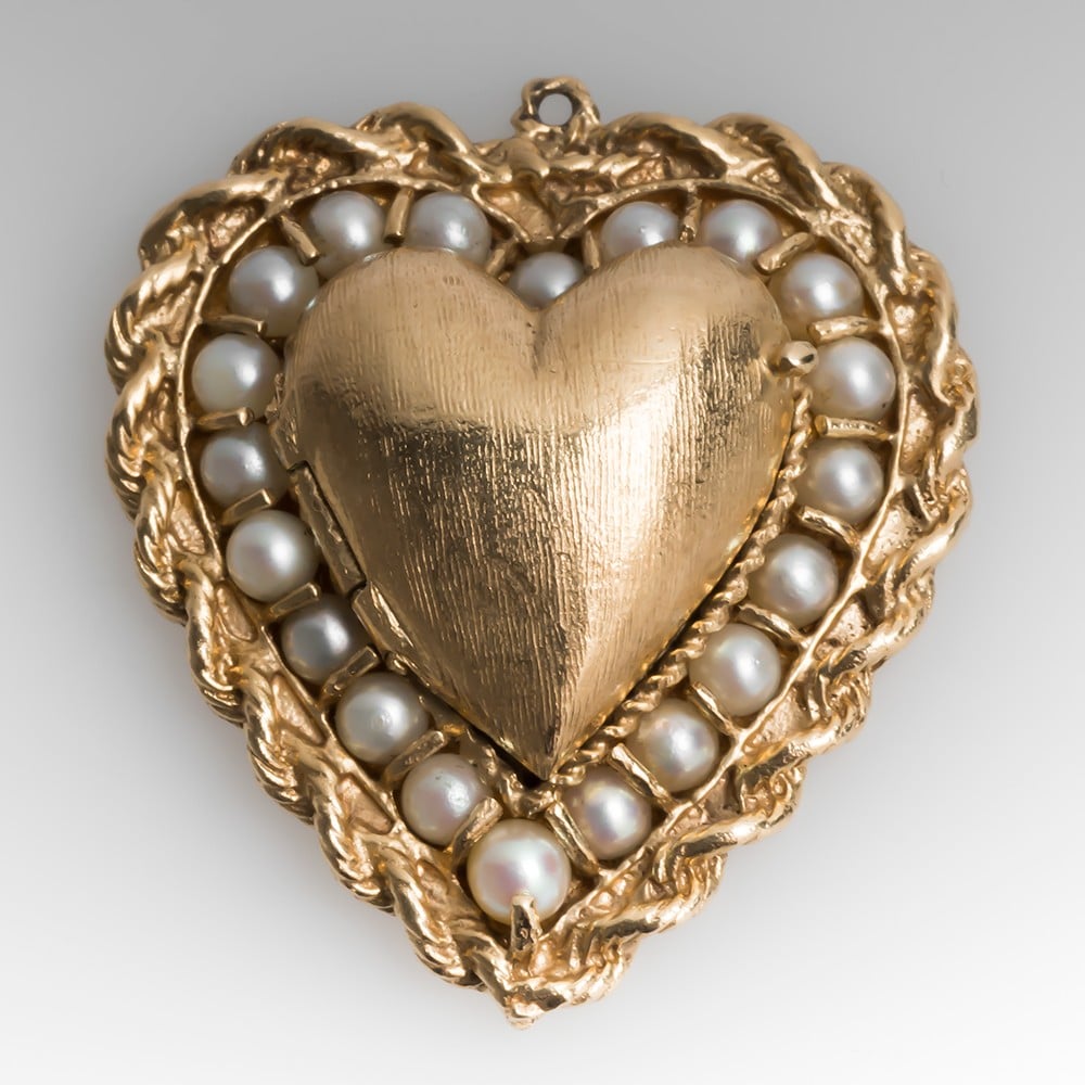 Vintage Heart Locket Charm Pendant with Pearls 14K Gold