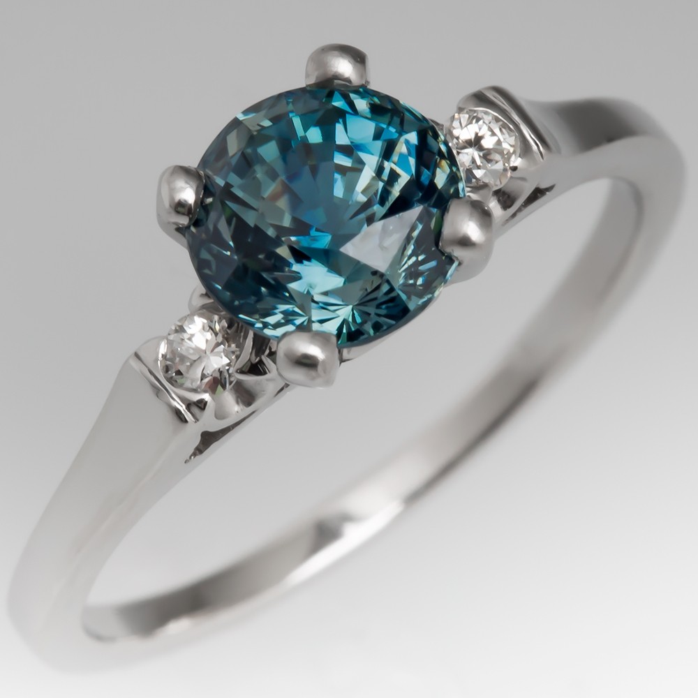 Rich Blue Green Sapphire & Diamond Platinum Engagement Ring