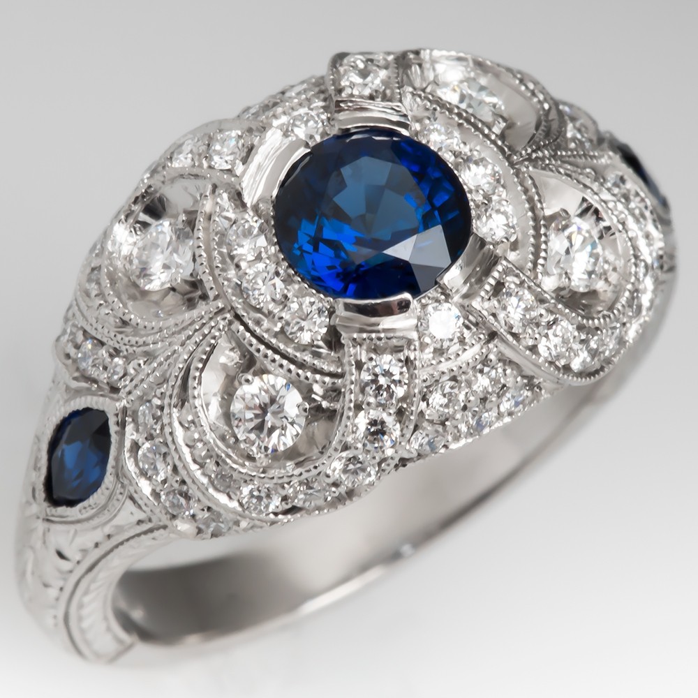 Vintage Blue Sapphire & Diamond Encrusted Engagement Ring Platinum Detailed